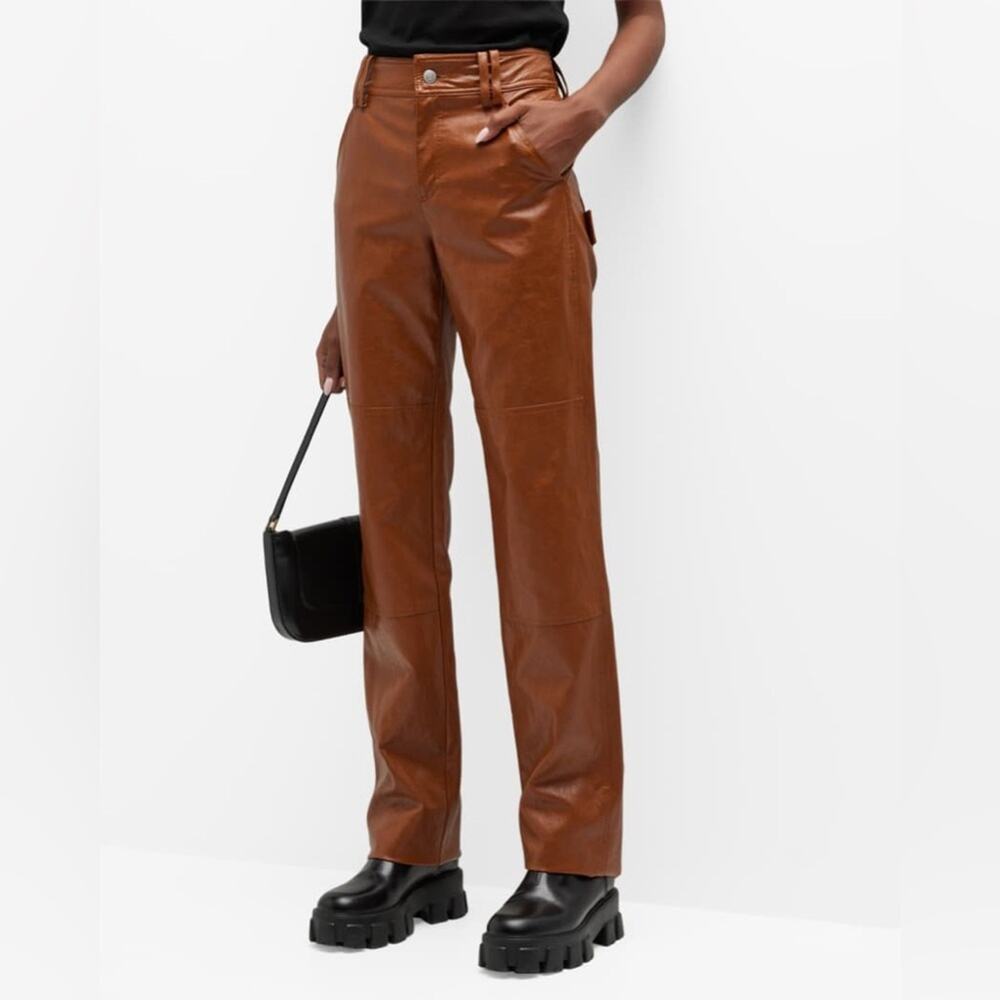 A.L.C. Adan Straight-Leg Vegan Leather Pants Cognac Brown Size 12